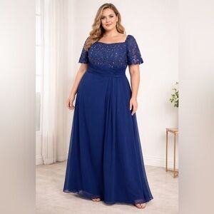 Hebeos  Off‎ - Shoulder  Maxi Dress Rhinestone Beaded Corset Blue Size 16W NWT